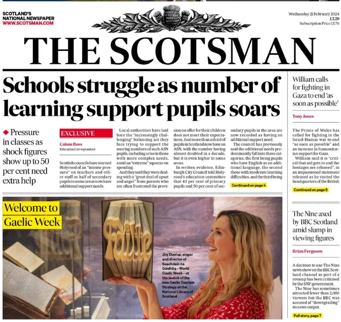 The front page of The Scotsman newspaper